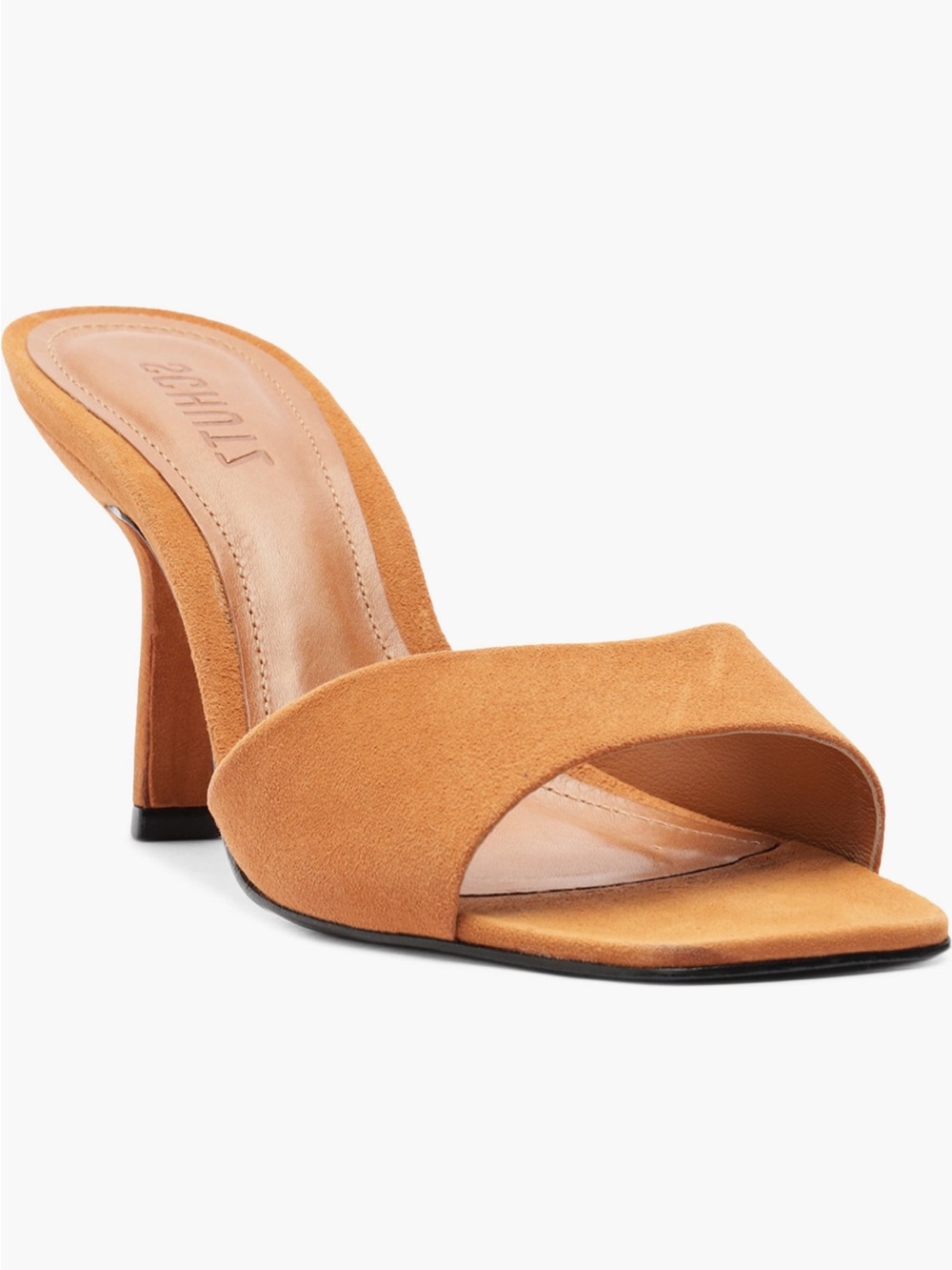 Suede Open-Toe Mule Heels in Tan